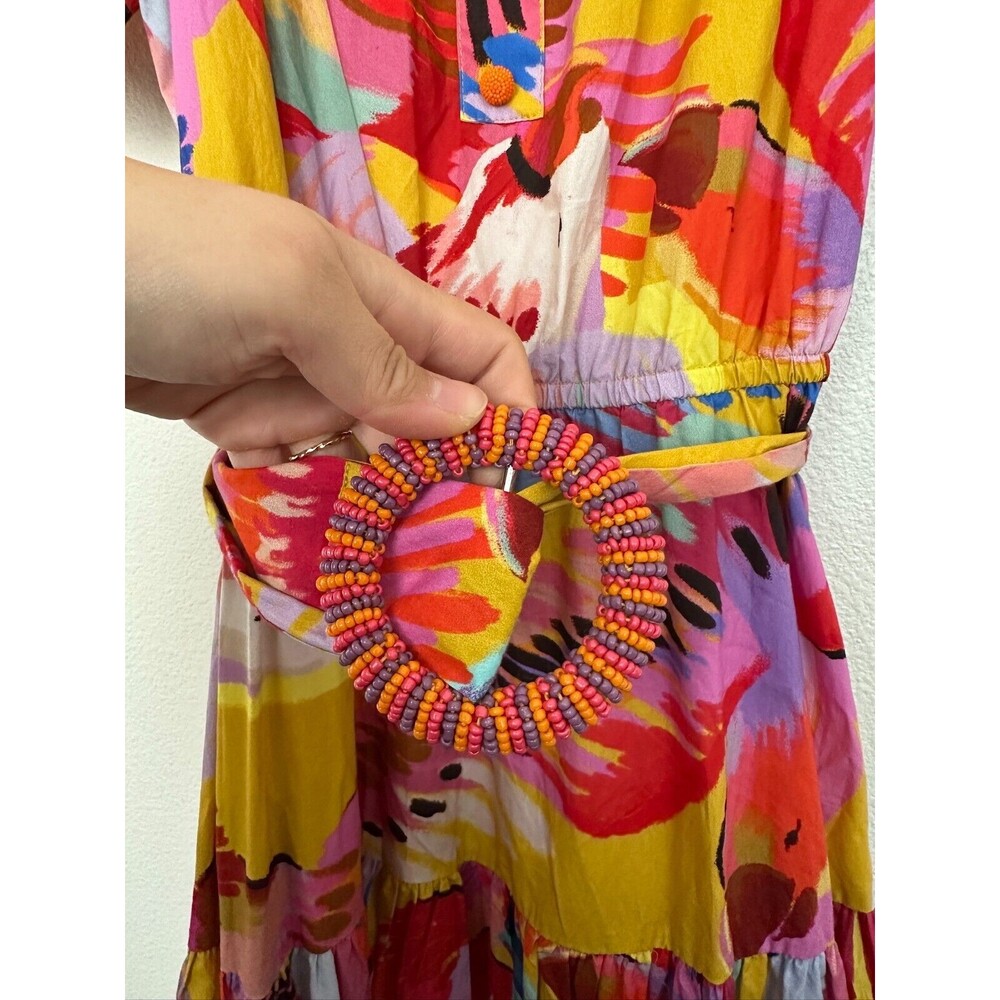 Farm Rio by Anthropologie Neon Macaws Puff Sleeve Maxi Dress Tiered Women Small - Picture 5 of 11